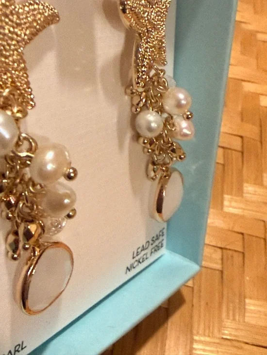 Piper K Gold Starfish & Pearl Glass Stones  Drop Cascading Earrings - White NIB - Picture 2 of 8